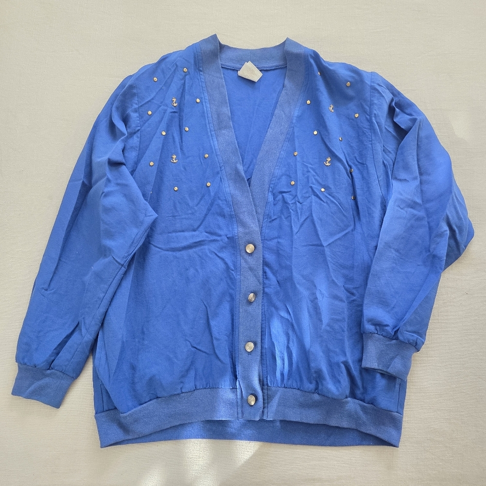 Vintage Nautical Blue Cardigan Sweater Womens 10 Medium Large Summer Sailor